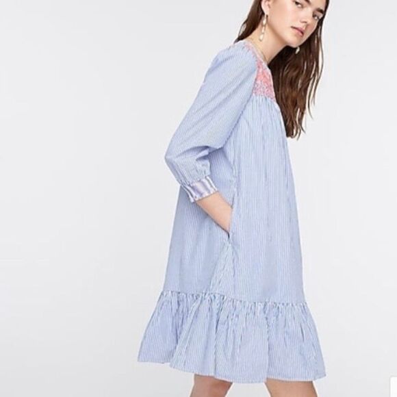 J. Crew Stripe Popover Dress Embroidered Size M Blue - Picture 2 of 6